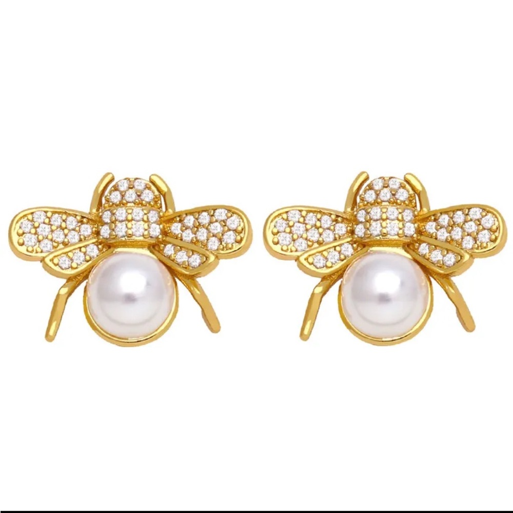 18K Gold Plated & Cubic Zirconia Stud Bee Pearls Earrings